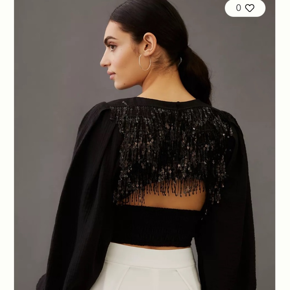 Anthropologie Black Beaded Fringe Cropped Top